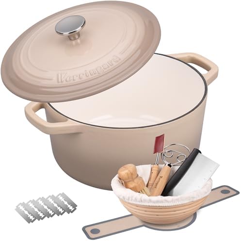 VORRINGARD Enameled Cast Iron Dutch Oven Pot with Lid, for Bread Baking, Round Bread Oven- include Sourdough Bread Baking Supplies Set, 6QT, Latte