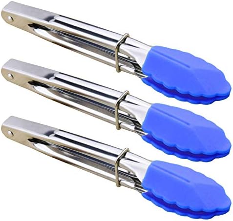 HINMAY Small Tongs with Silicone Tips 7-Inch Serving Tongs, Set of 3 (Blue)