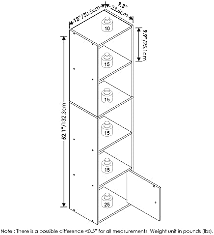 Furinno LUDER Book Shelf, 5-Tier Modern Bookshelf, Bookcase with 1 Door Storage Cabinet, 9.3 x 12 x 52, for Organization and Storage, for Living Room, Bedroom, Home Office, Blackwood