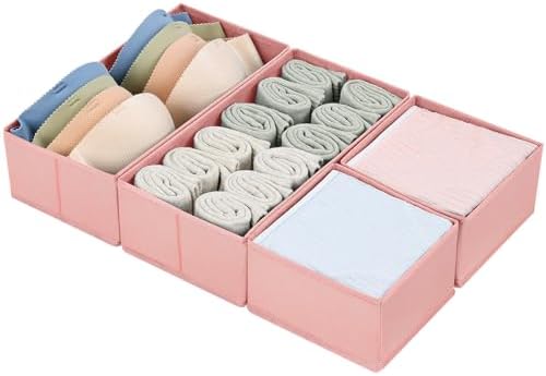 DIMJ Drawer Organizers for Clothing, Set of 4 Dresser Drawer Organizers, Fabric Closet Organizers and Storage, Drawer Dividers for Baby Clothes, Socks, Belt, Tie (Pink)