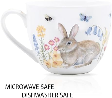 20 oz Bunny Coffee Mug with Spring Flowers & Happy Days Slogan, Premium Bone China Rabbit Coffee Cup, Cute Garden Gift for Women, Family&Friends, Designed in England by Harvest Green Studio