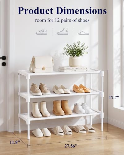 Kitsure Shoe Rack - Non-Woven Shoe Rack Shelf, Shoe Organizer for Closet, Entryway, Garage & Corridor, Stackable Shoe Shelves, 27.5" Wide - 3 Tier, White