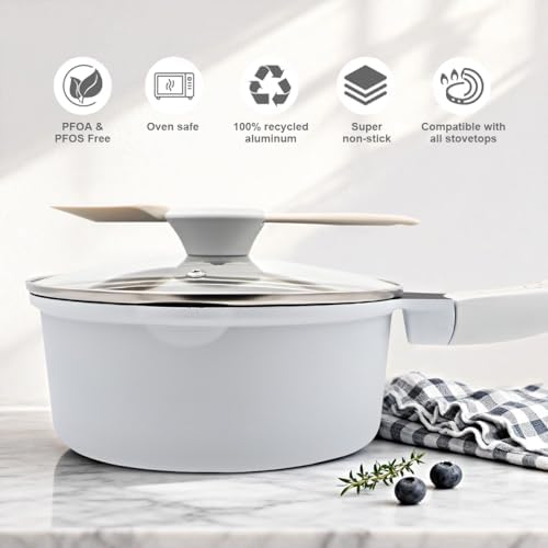 1.5 Quart Sauce Pan with Lid, Small Cooking Pot, White