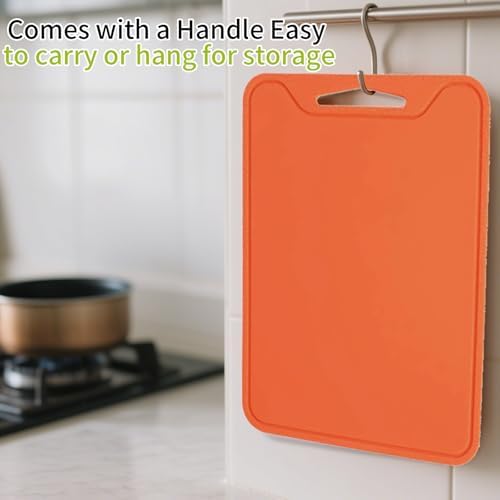 Flexible Plastic Cutting Boards for Kitchen, 11.8''x 8.6'' Silicone Cutting Board, BPA Free Non Slip Cutting Mat for Meat, Vegetables and Fruit with Easy Grip Handle, Dishwasher Safe (Orange)