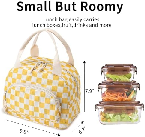 Lunch Bag Women Lunch Box for Women Adult Cute Insulated Lunch Bag Small Cooler Lunch Tote Bags for Work Picnic Travel (Beige-Yellow Plaid)