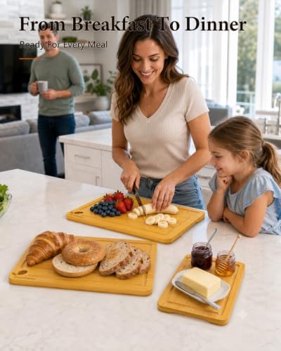 Cutting Board Set,3 Pack Bamboo Cutting Boards for Kitchen, Butcher Block Cutting Boards with Built-in Handles, Serving Board for Meat, Vegetables, Cheese, Bread and Charcuterie