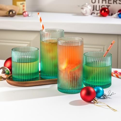 Ribbed Drinking Glasses 8pcs, 12oz and 10oz Glassware, Tumbler Glasses Cup Set for Wedding, Party, Christmas Gift, Green