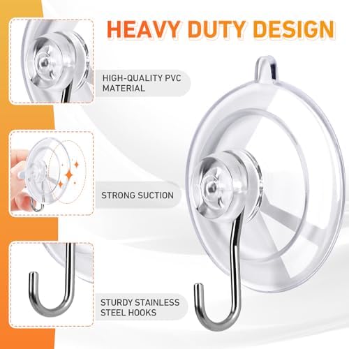 KORCCI Suction Cup Hooks 12Pack - Max Load 10LB, 1.77Inch Clear Medium Suction Cups, No Trace, Reusable & Removable, Stainless Steel Hooks, for Tile, Glass, Window, Shower, Kitchen, Bathroom
