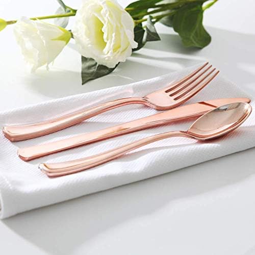 WDF 300 Pieces Rose Gold Plastic Silverware- Disposable Flatware Set - Heavy Duty Plastic Cutlery Includes 100 Forks, 100 Spoons, 100 Knives Perfect for Wedding/Party/Birthday