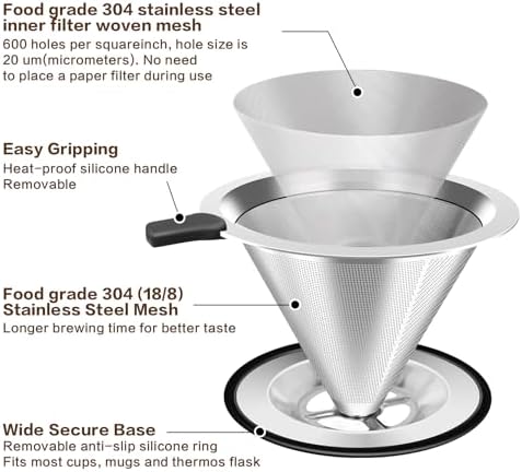 Large Size Pour Over Coffee Dripper, Stainless Steel Coffee Filter, Paperless Reusable Coffee Filter, Double Micromesh 600 Mesh Strainer Coffee Maker with Heat-Resistant Silicone Handle & Base