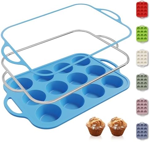 Socisen 12 Cups Silicone Muffin Pan with Metal Reinforced Frame Regular Size Cupcake Pan Tray Egg Bites Silicone Circle Cookie Molds Muffin Tin Tray Tart Pans Kitchen Baking Mold Tools for Cooking