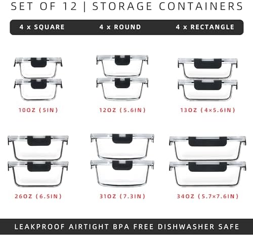 FAWLES 12 Pack Glass Meal Prep Containers with Airtight Lids, Leak-Proof Food Storage Containers, Dishwasher/Microwave/Oven/Freezer Safe Glass Containers for Lunch, Leftovers, to Go (Grey)