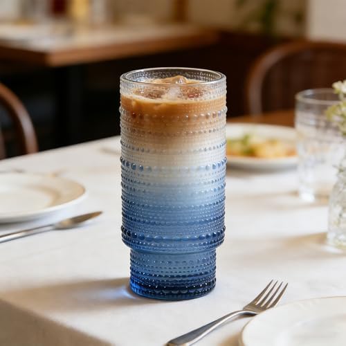 Large Capacity 16 oz Hobnail Drinking Glasses Set of 12, Vintage Glassware Drinking Glasses, Gray-blue Water Glasses Tumbler, Cups for Kitchen, Juice, Beer, Cocktail, Whiskey