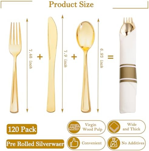 Supernal 120 Pack Gold Plastic Silverware Wrapped Cutlery Set with Napkin