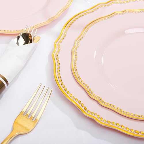 Hioasis 350 Pcs Pink and Gold Plastic Plates for Wedding & Party