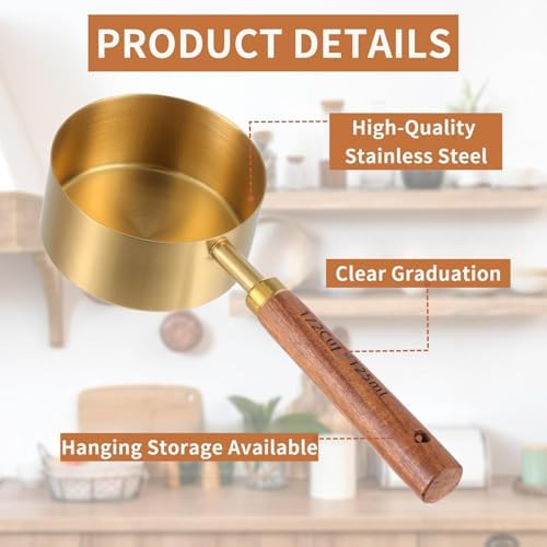 Gold Measuring Cups and Spoons Set Stainless Steel Wood Handle US Metric