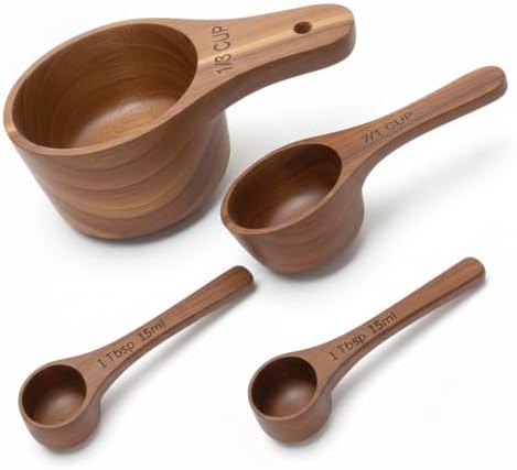 Wooden Measuring Cups and Spoons Set - Eco-Friendly Solid Acacia Wood, Laser Engraved Measurements, Perfect for Baking & Cooking - Ideal for Bakers (4-Pc Small Acacia Measuring Cups)