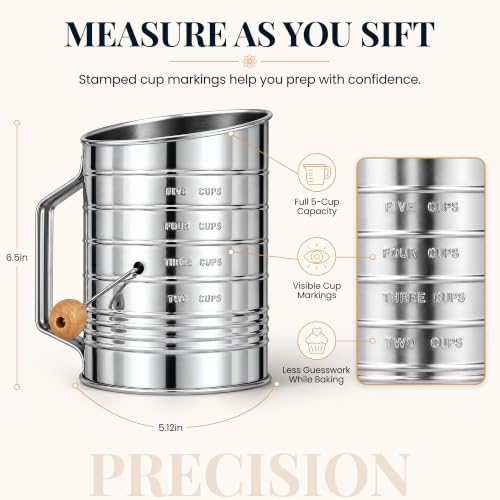 Bellemain Stainless Steel Flour Sifter for Baking with Hand Crank - 5 Cup
