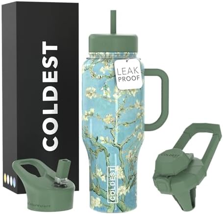Coldest Tumbler with Handle and Straw - 100% Spill Proof Tumbler with Straw (3 Lids) - Stainless Steel Insulated Leakproof Tumblers for Women & Men - 36 oz (Almond Blossom)