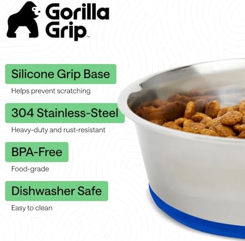 GORILLA GRIP Dog Bowls, Food Grade Stainless Steel, Set of 2, 8 Cup, Blue