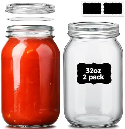 ComSaf 32 oz Wide Mouth Mason Jars 2 Pack Large Glass Jars with Lids