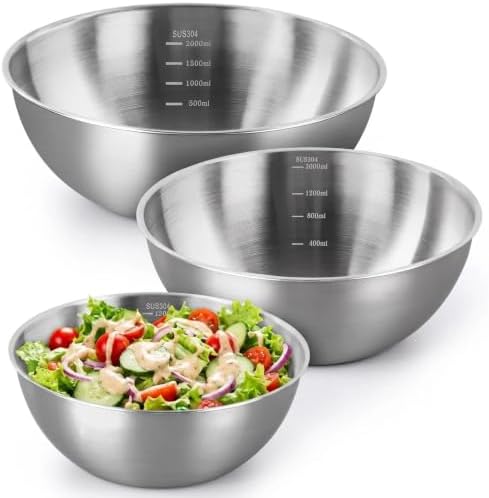 Stainless Steel Mixing Bowls Set of 3 - 9.84", 8.66" & 7.5" Metal Mixing Bowls, 3.3 Qt, 2 Qt & 1.5 Qt Stainless Steel Salad Bowls, Durable 304 Stainless Steel Bowl for Kitchen, Baking, and Meal Prep