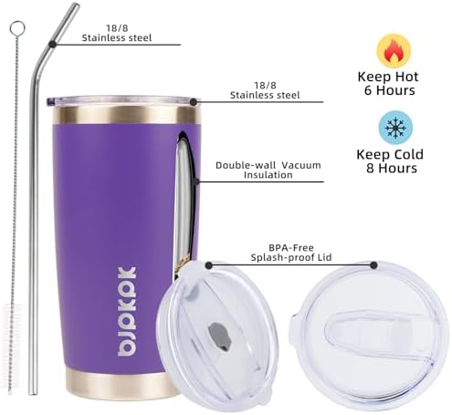 BJPKPK 20 oz Coffee Tumbler with Lid, Straw, Insulated Stainless Steel Mug