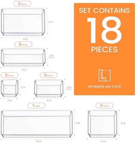 Criusia Drawer Organizer, 18 Pack Large Clear Plastic Kitchen Drawer Organizers Set, 6 Size Versatile Bathroom and Vanity Drawer Organizer Trays, Storage Bins for Makeup, Bedroom, Kitchen Utensils