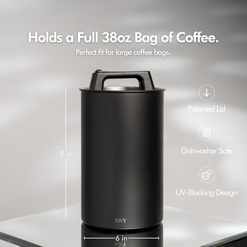 KIVY Vacuum Coffee Canister Large - Push Lid Preserves Coffee Aroma & Oil