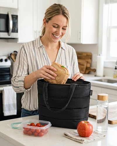 Aosbos Black Lunch Tote Bag,Insulated Lunch Bag For Women,Work,Office