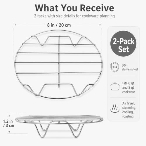 QWORK 8 Inch Round Cooking Rack, 2 Pack 304 Stainless Steel Air Fryer Rack with Stand, Cooling & Baking for Steaming, Pressure Cooker Trivet, Canning Jar Rack