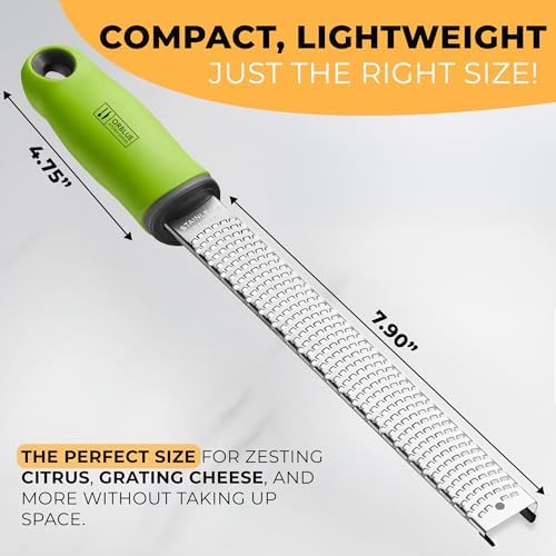 Orblue Lemon Zester & Cheese Grater - Premium Citrus Zester, Kitchen Grater for Parmesan, Chocolate, Fruits, Vegetables, Ginger, Garlic, Nutmeg - Stainless Steel Blades with Protective Cover, Green