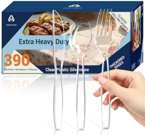 390 Count Extra Heavy Duty Disposable Clear Plastic Silverware,Bulk