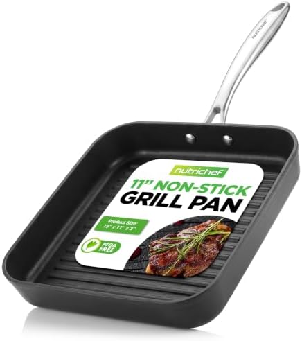 NutriChef 11" Non-Stick Grill Pan for Indoor Cooking - Hard Anodized Grill Pan for Stove Tops with High Ridges, Strong Handles, Dishwasher Safe