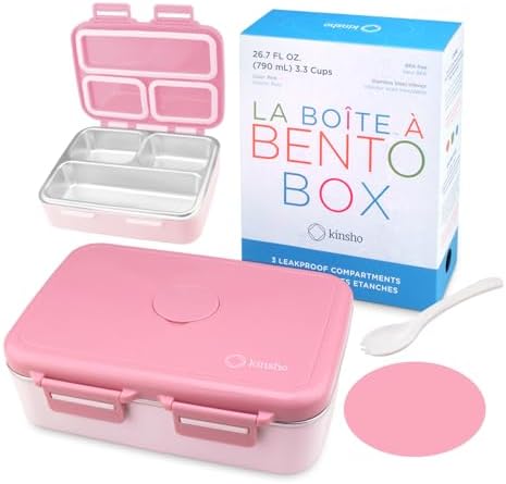 kinsho Stainless Steel Bento Box Lunch Container for Kids Adults, Pink