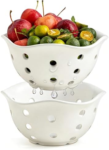 Gomakren Fruit Basket Set of 2, Berry Bowls with Holes Ceramic, Cream White