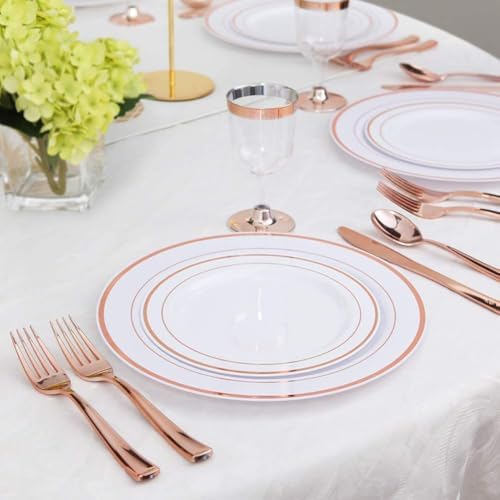 WDF 300 Pieces Rose Gold Plastic Silverware- Disposable Flatware Set - Heavy Duty Plastic Cutlery Includes 100 Forks, 100 Spoons, 100 Knives Perfect for Wedding/Party/Birthday