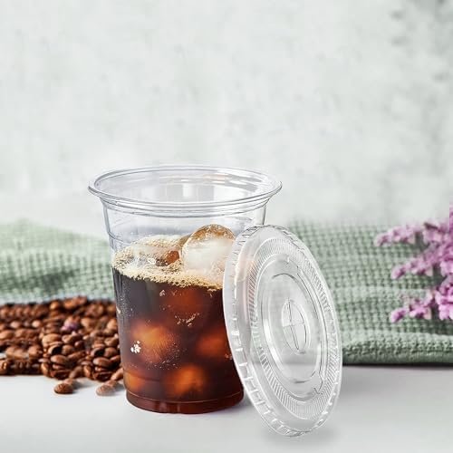 TashiBox plastic cups with lids [12 oz 100cups&100flat lids],Clear Crystal disposable plastic cups,smoothie cups