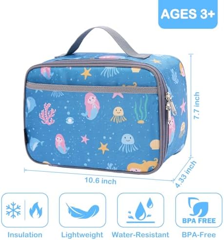 FlowFly Kids Lunch box Insulated Soft Bag Mini Cooler Back to School Thermal Meal Tote Kit for Girls, Boys, Mermaid