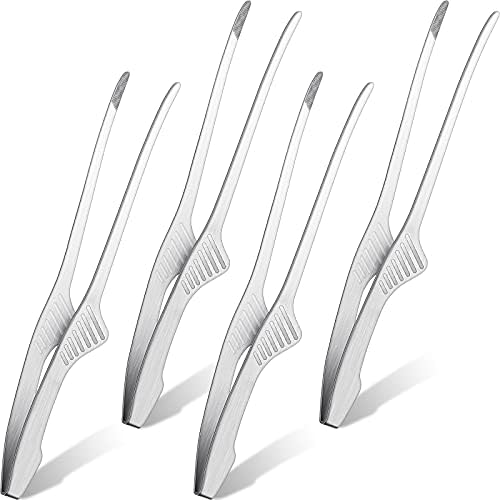 Patelai 4 Pieces Korean and Japanese BBQ Tongs Non Slip Cooking Utensils Stainless Steel Tongs for Serving Food, Salad, Camping, Barbecue, Buffet, Oven with Support Stand (Silver)
