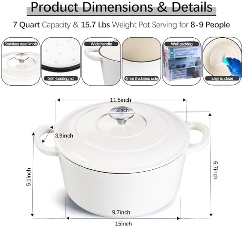 E-far 7QT Enameled Dutch Oven, Cast Iron Dutch Oven Pot with Lid for Cooking/Bread Baking/Braising/Roasting/Stewing, Heavy Duty Round Nonstick Cookware Safe for Induction & Oven - White