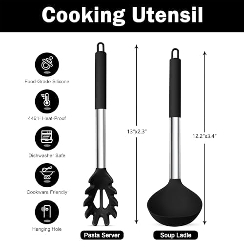 TeamFar Silicone Pasta Fork and Ladle, Nonstick Kitchen Utensils, Black