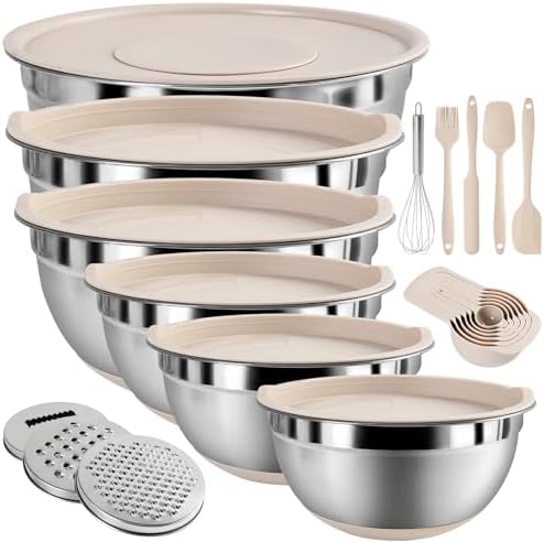 Mixing Bowls with Airtight Lids Set, Non-Slip Silicone Bottoms, Khaki