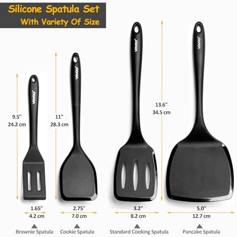 Silicone Spatula Set, 600°F Heat Resistant Silicone Spatula Turner Flipper for Cooking, Non Stick and Non Scratch Kitchen Utensils for Eggs & Pancakes, 4 Pack, Black