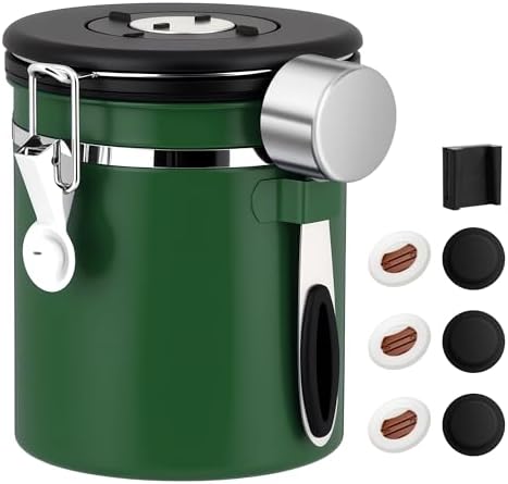 ShanSon Coffee Canister Airtight, Stainless Steel Bean Storage Container with Date Tracker & Scoop, Grounds Sugar Flour Tea Cereal Fits Kitchen Pantry, Ideal Gift for Coffee Lovers,16oz, Dark Green