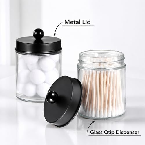 Amolliar Glass Apothecary Jar Qtip Holder Metal Lids 4pc/Black
