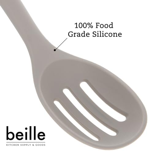 Beille 1pc Beech Wood and Slotted Silicone Cooking Spoon Kitchen Utensils Baking Supplies Home Essentials, Light Grey