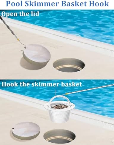 Pool Skimmer Basket Hook, Extendable Pool Filter Skimmer with Anti-Slip Handle, 63.4 Inch Skimmer Basket Pole, Pool Lid Basket Lift Tool Cleaning Tool, for Pool Skimmer Basket with Handle