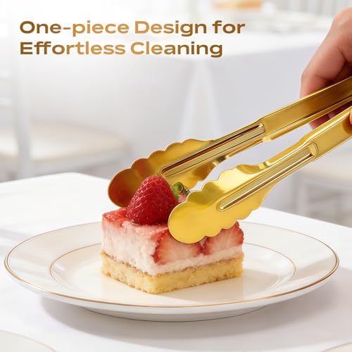 4 Pack Stainless Steel Serving Tongs, 9 Inch Gold Salad Tongs Serving Utensils Buffet Tongs Gold Plated Heavy Duty Reusable Metal Kitchen Clips for Salad, Snack, Barbecue, Catering, Wedding, Party