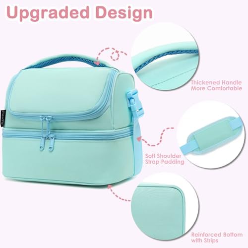 FlowFly Double Decker Cooler Insulated Lunch Bag Large Tote for Boys, Girls, Men, Women, With Adjustable Strap,Light Blue